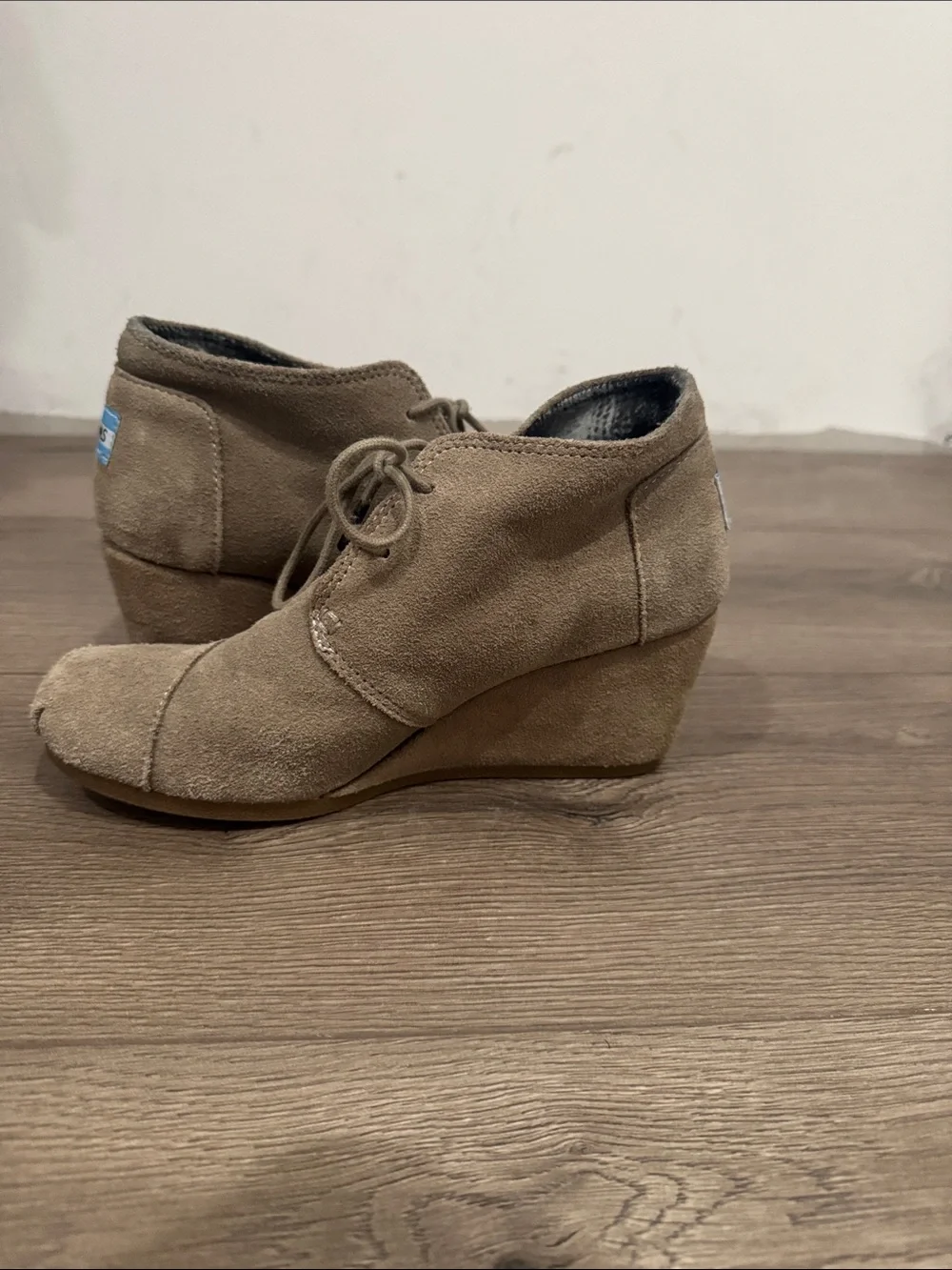 Toms Taupe Suede Lace-Up Wedge Booties